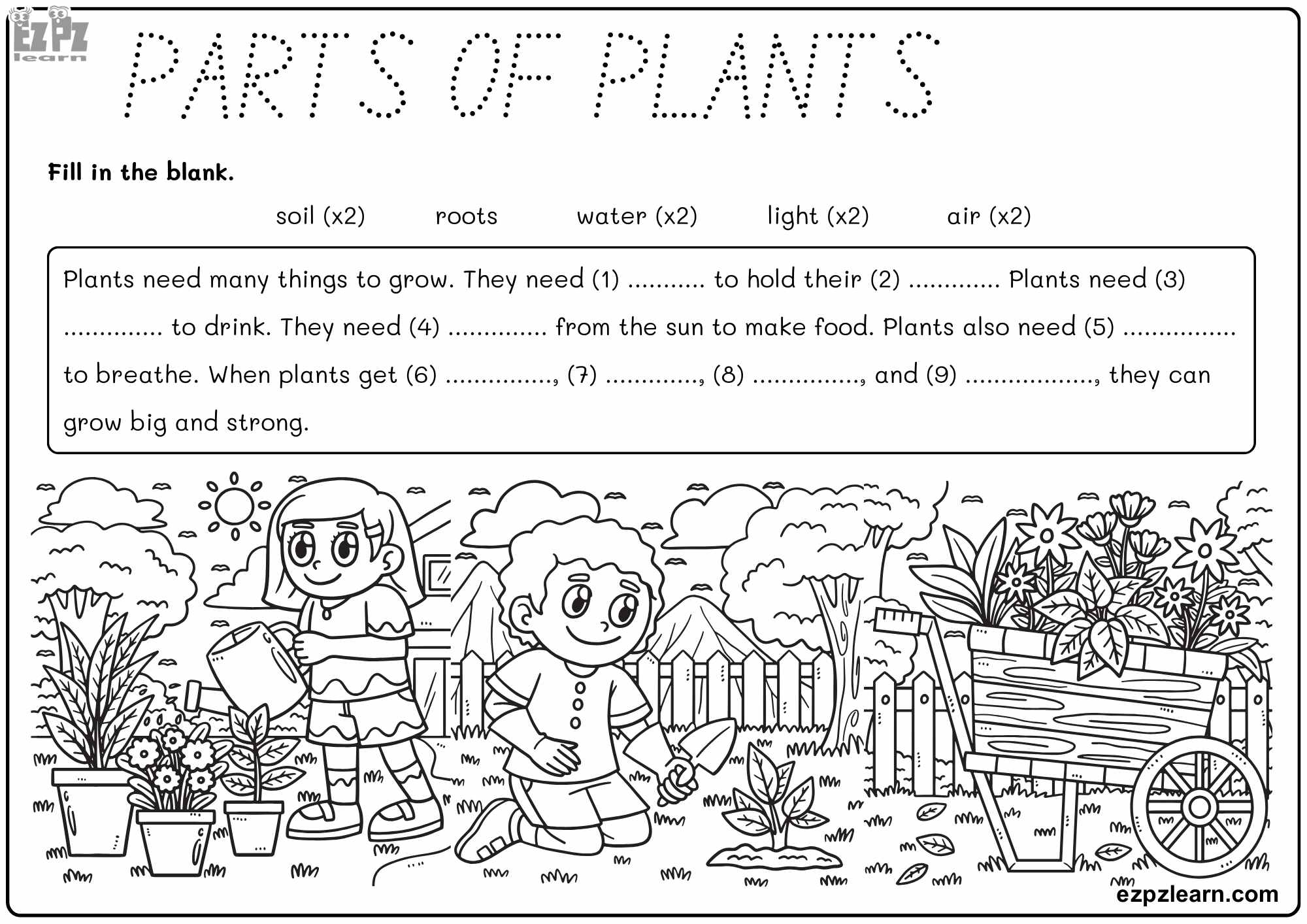 Part of Plants fill in the blanks and coloring activity for kids. Free PDF download for kids.